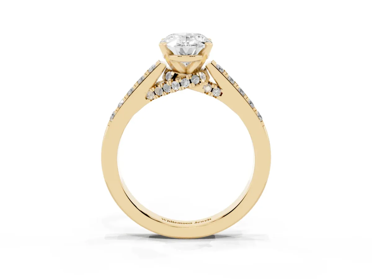 Oval Cut Diamond Solitaire Ring with Crossover Gallery and Round Pavé Band Yellow gold