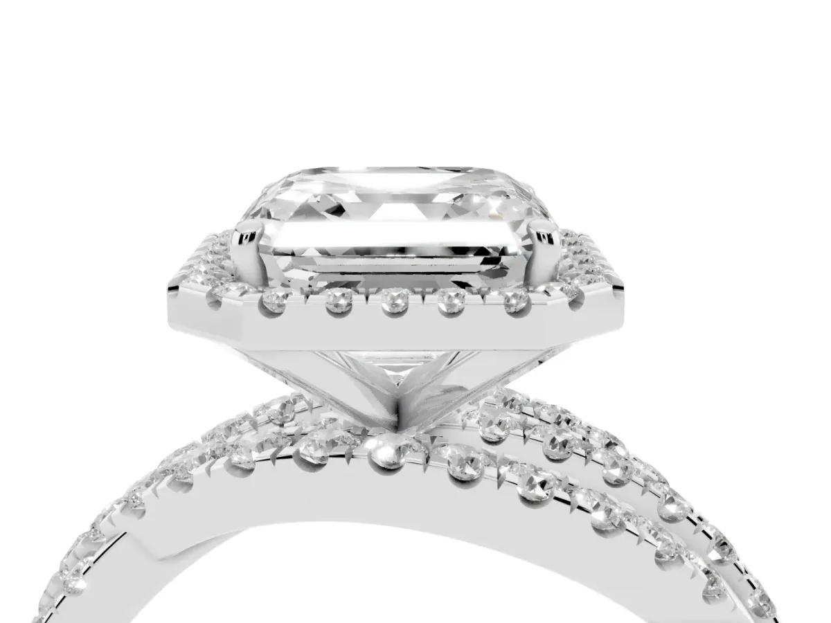 Asscher Cut Diamond Halo Ring with Round Split Shank and Prong Setting White gold