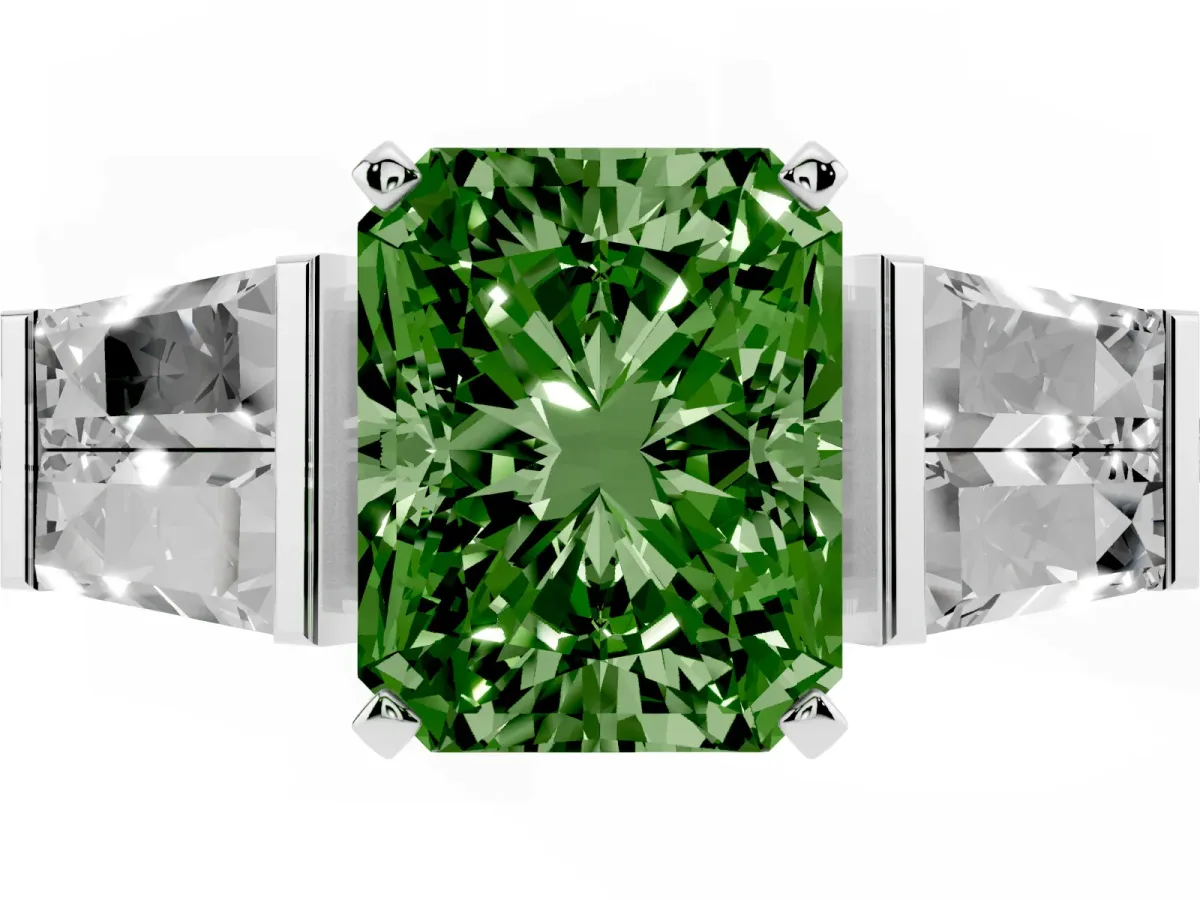 Fancy Green Radiant Cut Diamond Engagement Ring with Baguette Side Stones and Channel Set Band Silver