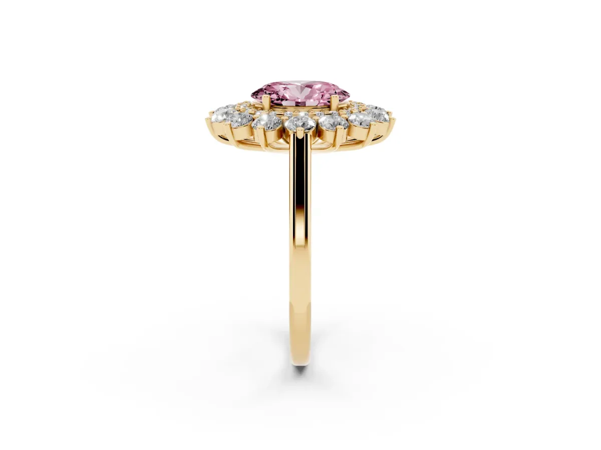 Fancy Pink Oval Cut Diamond Floral Double Halo Engagement Ring with Prong Setting Yellow gold