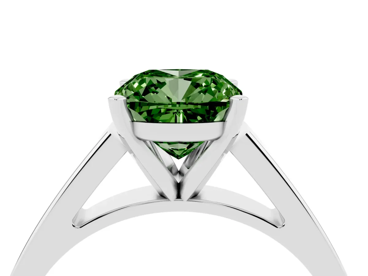 Fancy Green Cushion Cut Solitaire Engagement Ring with Four-Prong Setting and Tapered Band Silver