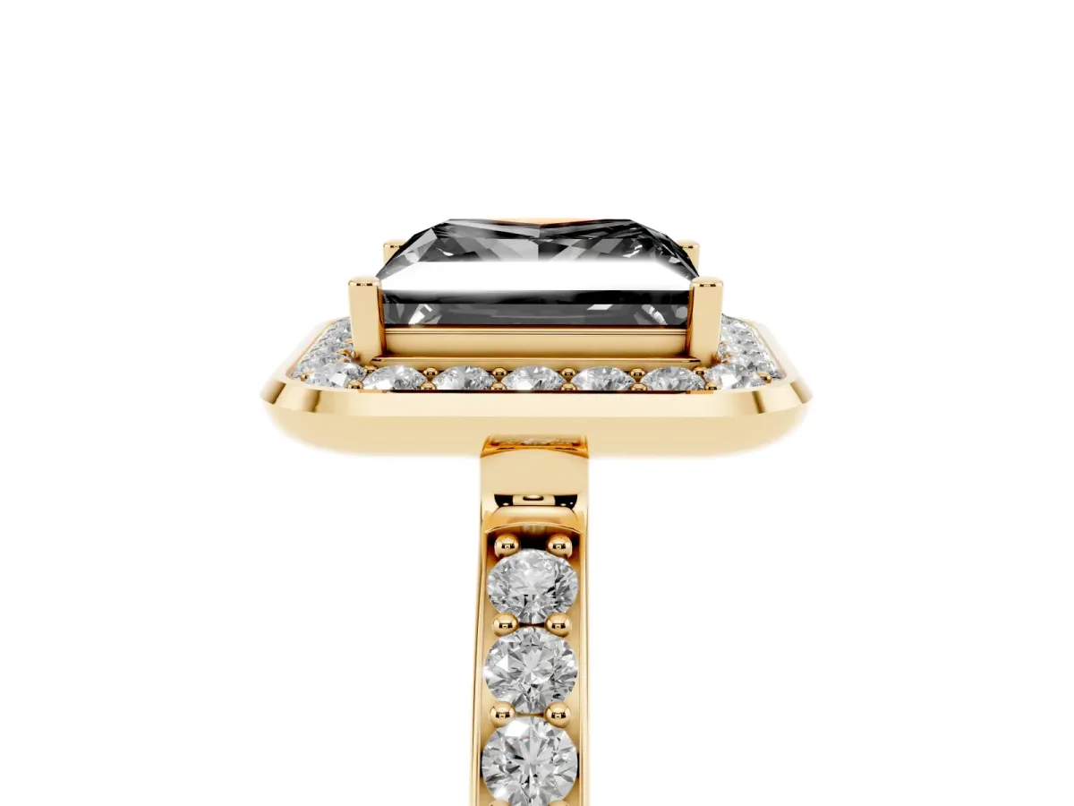 Fancy Black Princess Cut Diamond Halo Ring with Bezel Frame and Pavé Band Yellow gold