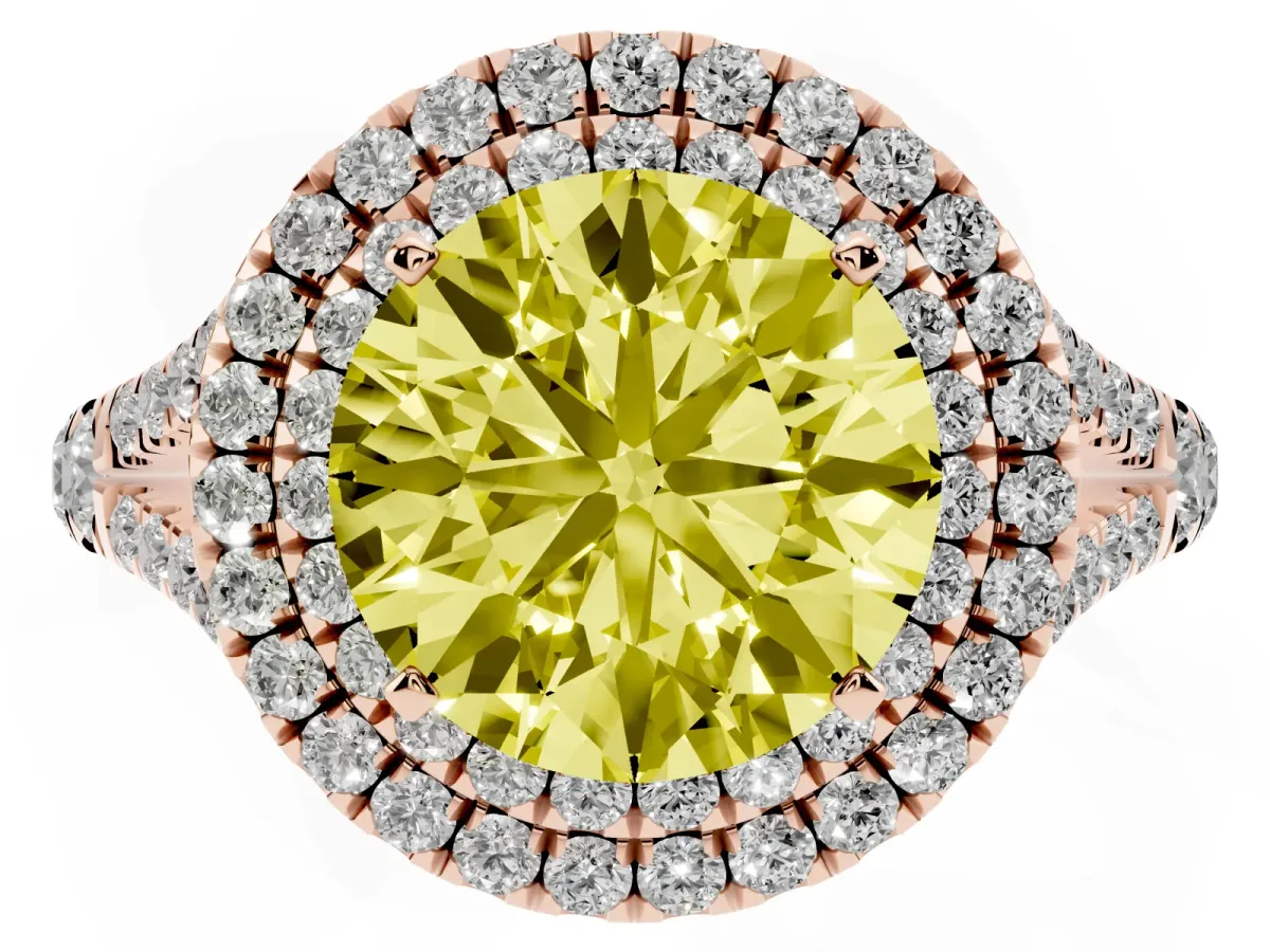 Fancy Yellow Double Halo Round Cut Diamond Split Shank Engagement Ring with Four-Prong Setting Rose gold