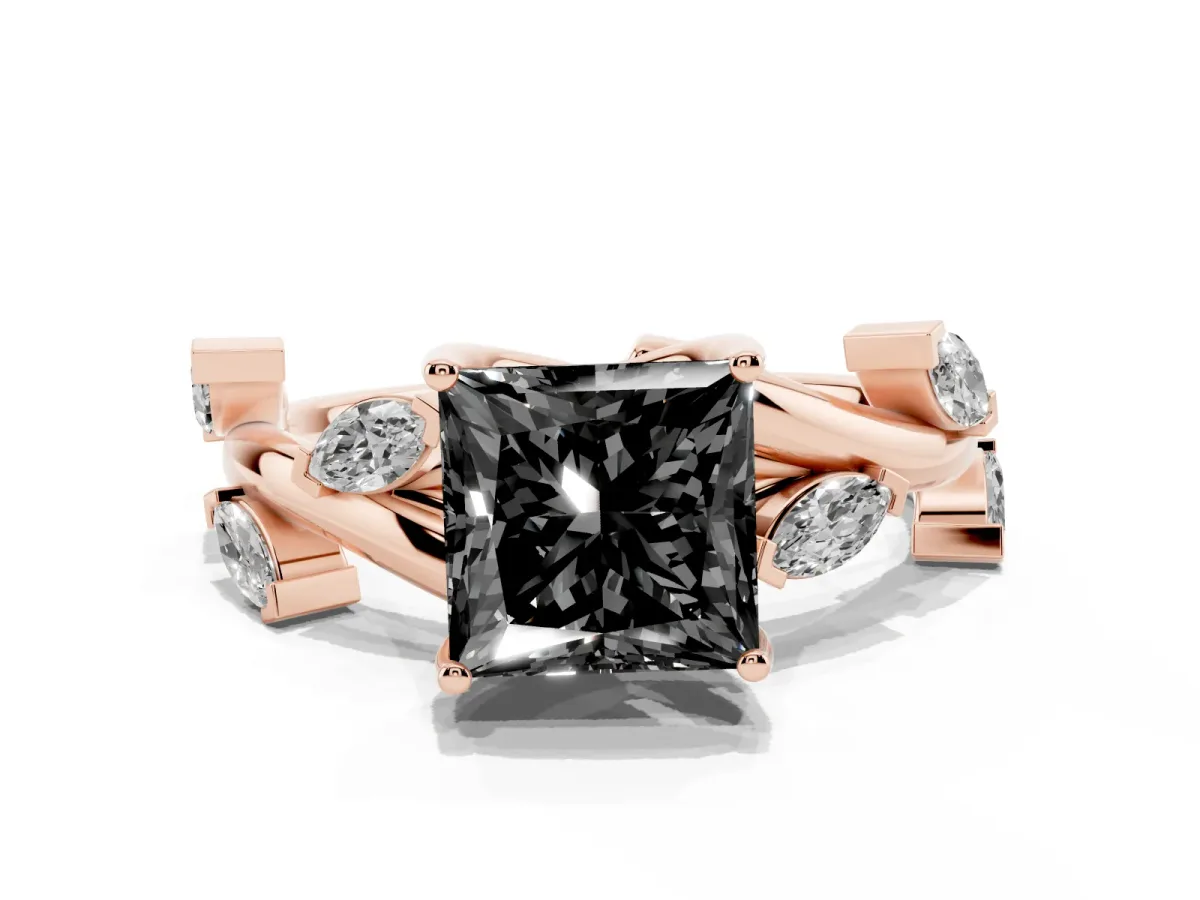 Fancy Black Princess Cut Solitaire Twisted Band Marquise Accent Prong Setting Ring Rose gold