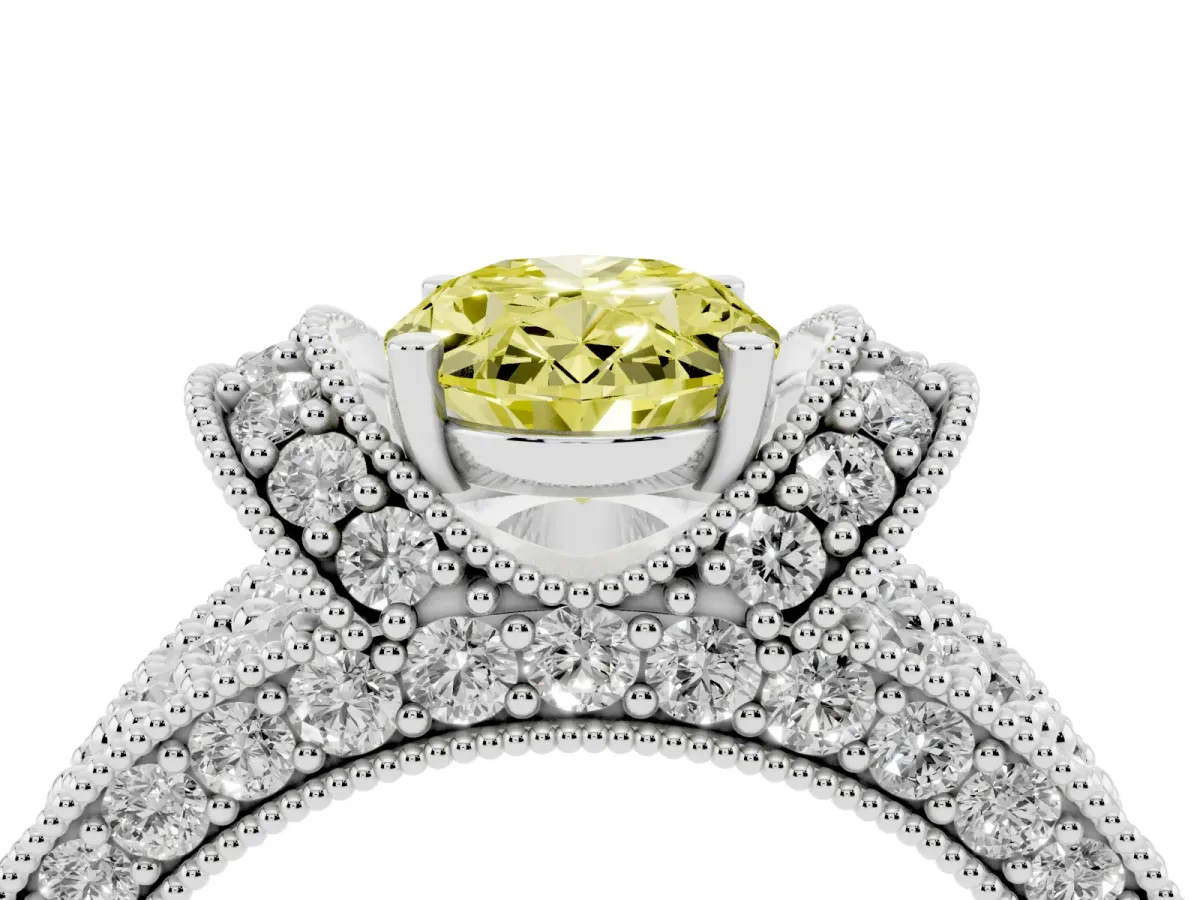 Fancy Yellow Oval Cut Halo Pave Diamond Engagement Ring with Milgrain Detailing Silver