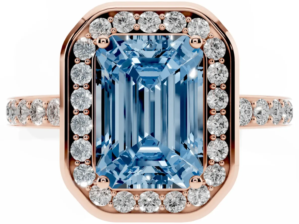 Fancy Blue Emerald Cut Diamond Halo Ring with Bezel Frame and Pavé Band Rose gold