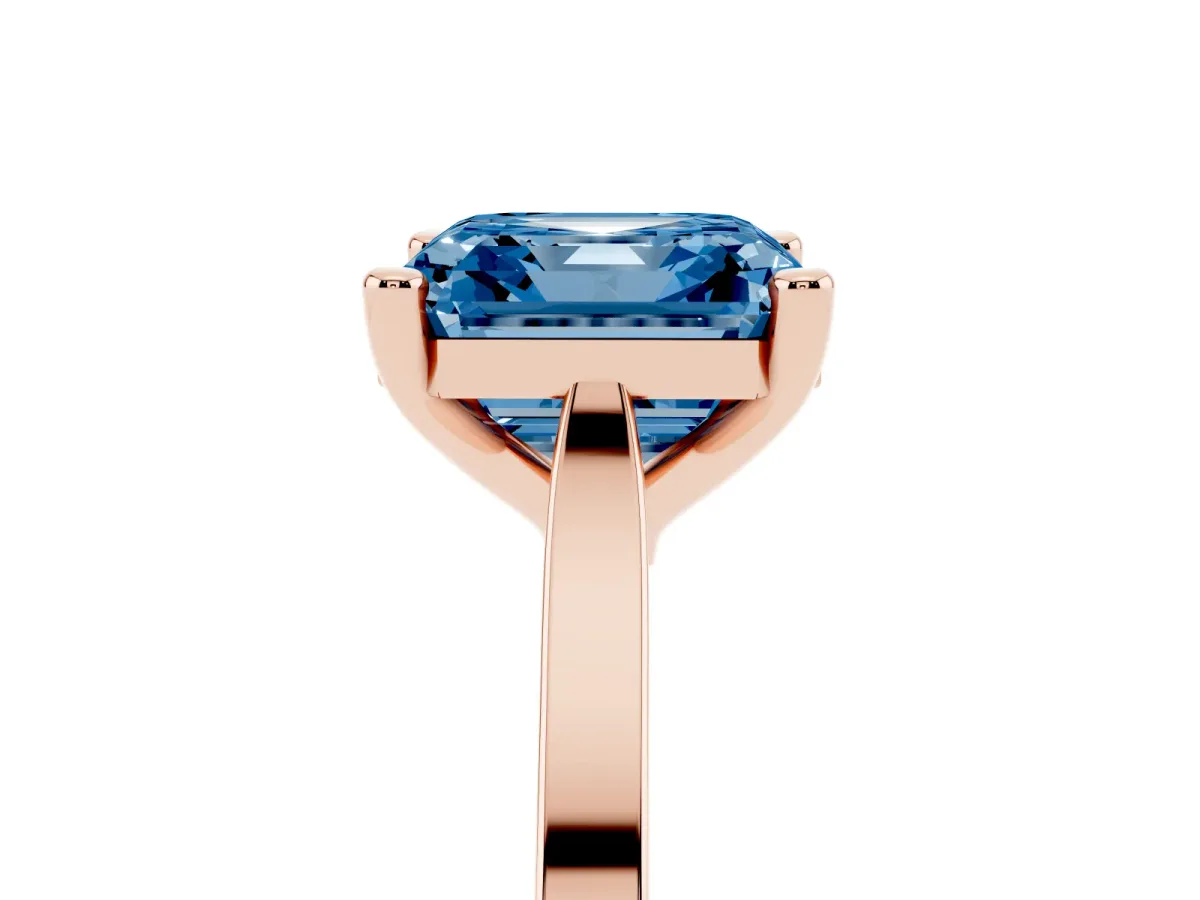 Fancy Blue Asscher Cut Solitaire Diamond Ring with Four-Prong Setting and Tapered Band Rose gold