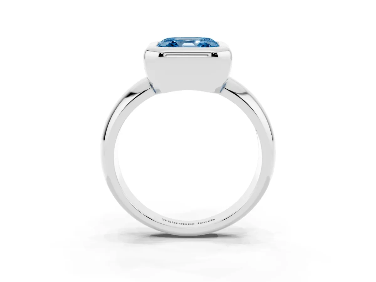 Fancy Blue Bezel Set Asscher Cut Solitaire Ring with Wide Band Silver