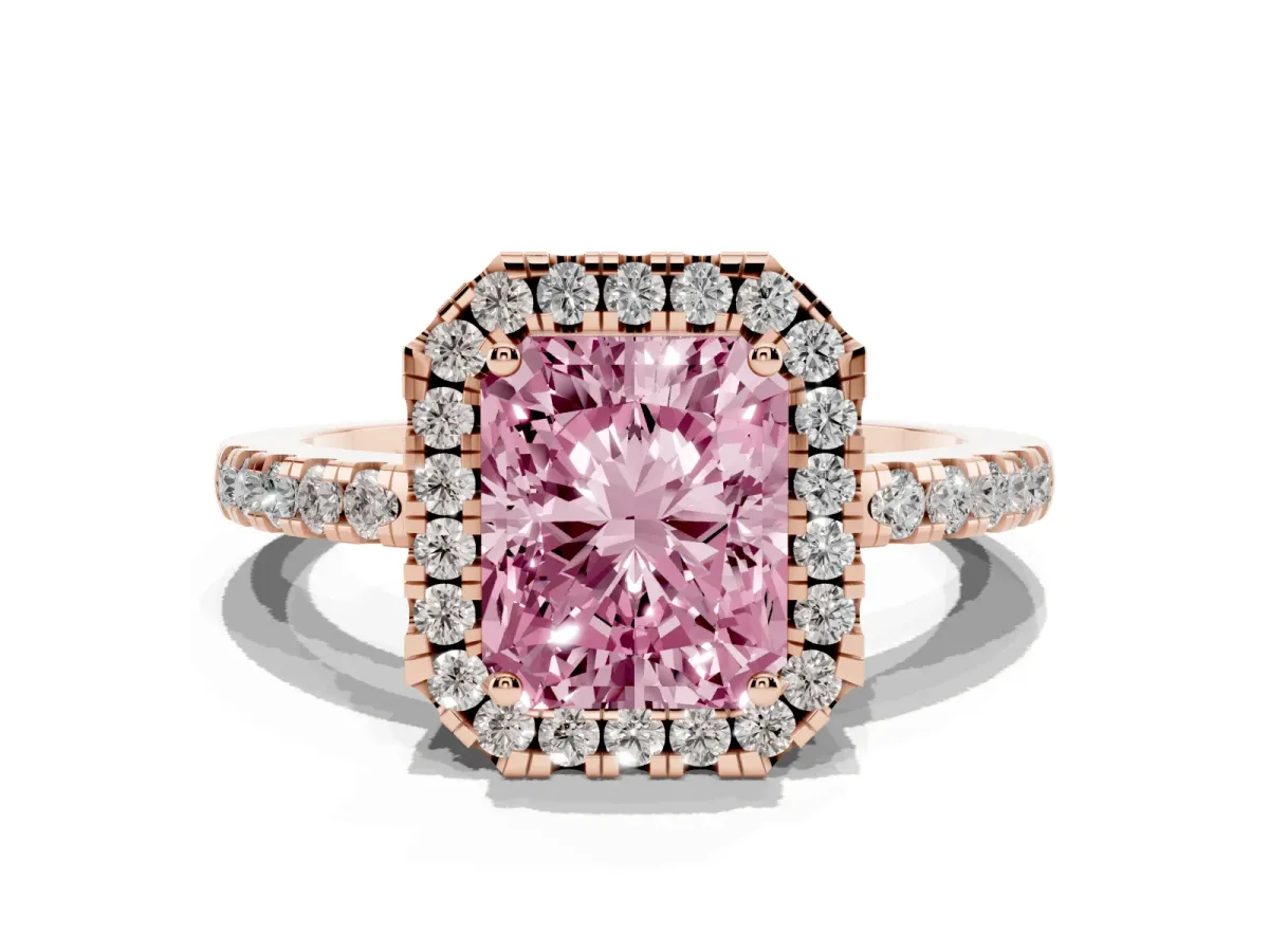 Fancy Pink Radiant Cut Halo Diamond Engagement Ring with Pavé Band and Four-Prong Setting Rose gold