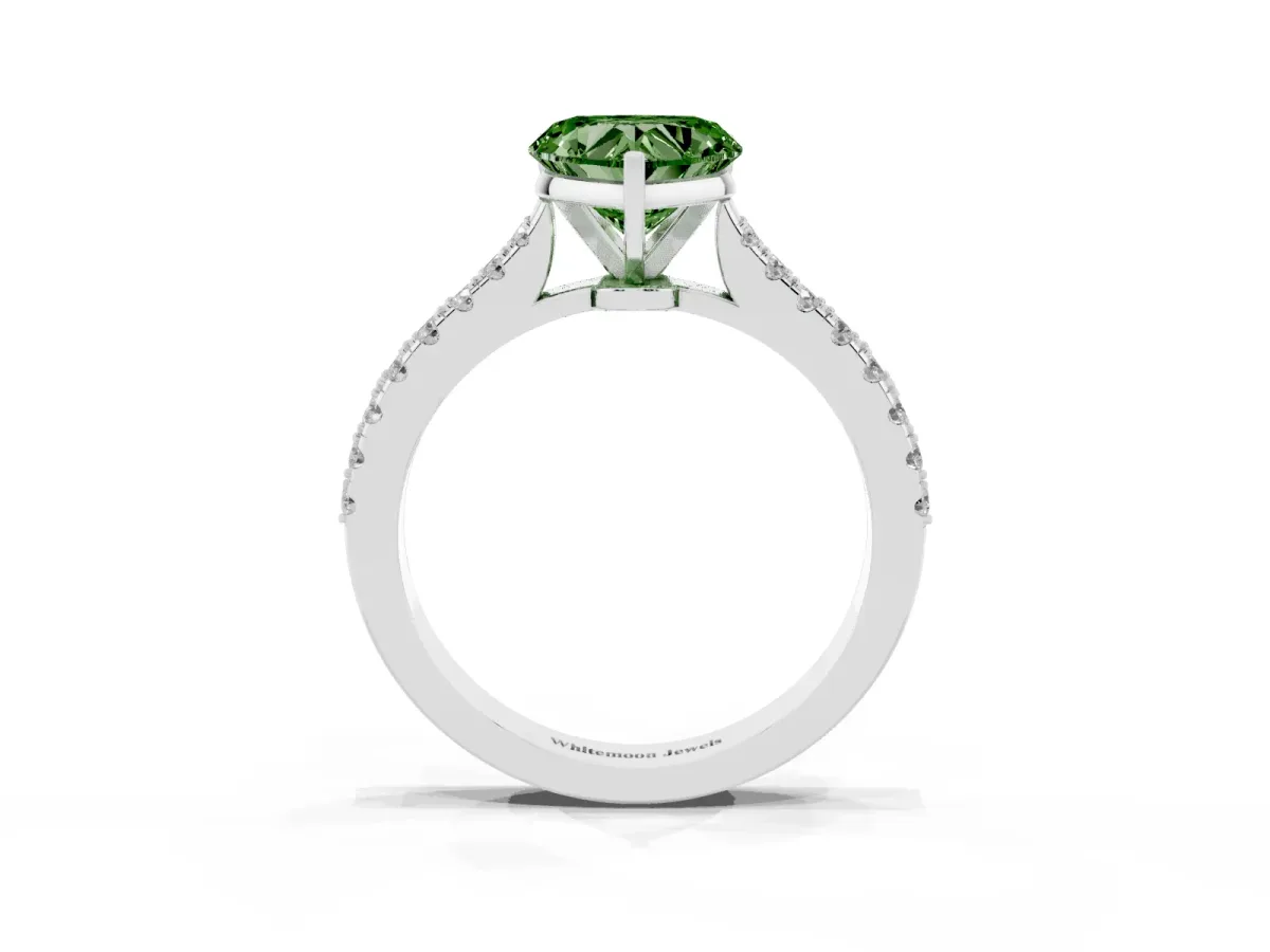 Fancy Green Heart Cut Cut Solitaire Diamond Engagement Ring with Pave Band and Four-Prong Setting Platinum