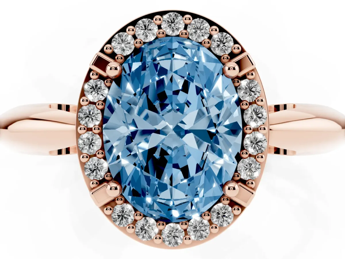 Fancy Blue Oval Cut Cut Diamond Halo Engagement Ring with Split Shank and Four-Prong Setting Rose gold