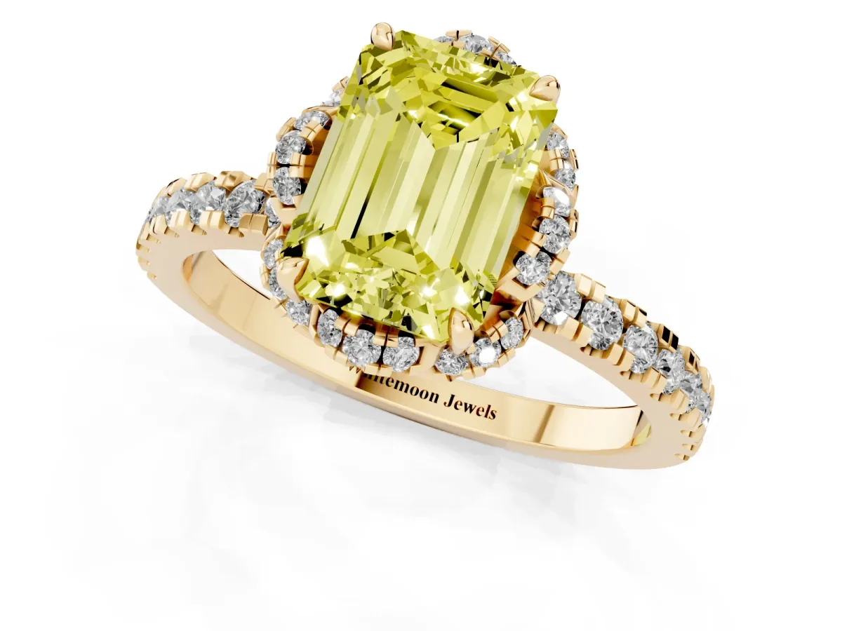 Fancy Yellow Emerald Cut Halo Diamond Pave Band Ring with Four-Prong Setting Yellow gold