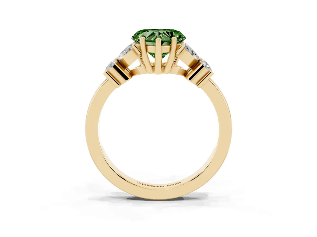 Fancy Green Heart Cut Diamond Floral Cluster Ring with Solitaire Band and Prong Setting Yellow gold