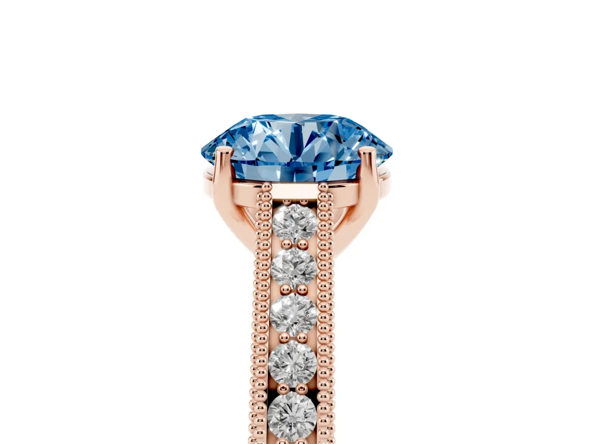 Fancy Blue Round Cut Cut Pave Band Milgrain Solitaire Ring Rose gold