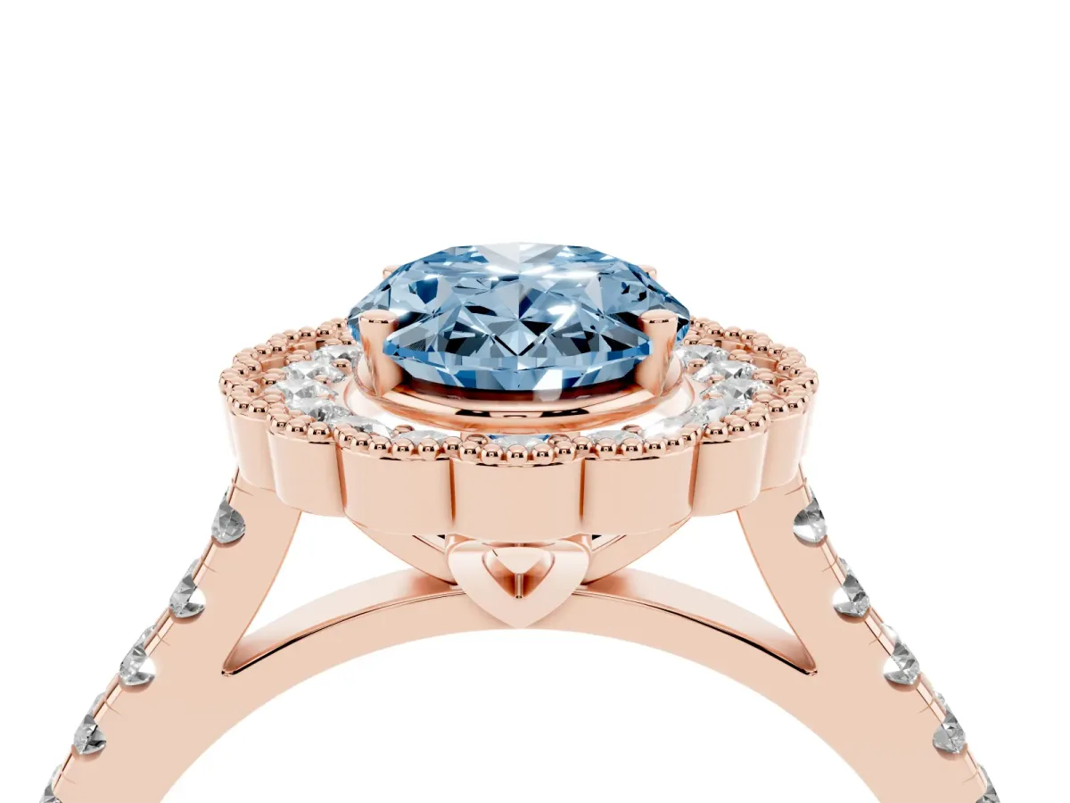 Fancy Blue Oval Cut Cut Diamond Milgrain Floral Halo Engagement Ring with Pavé Band Rose gold