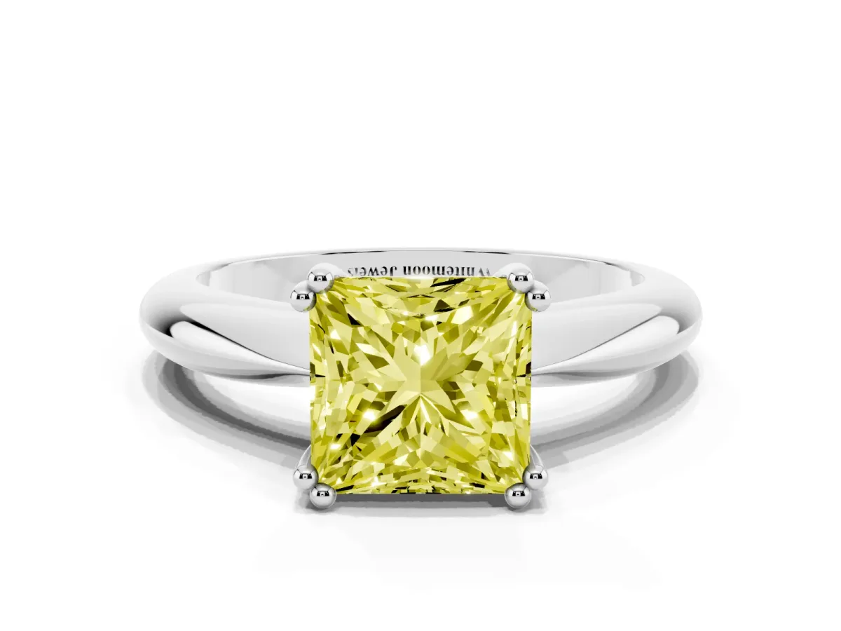 Fancy Yellow Princess Cut Cut Solitaire Engagement Ring with Tapered Band and Four-Prong Setting Platinum