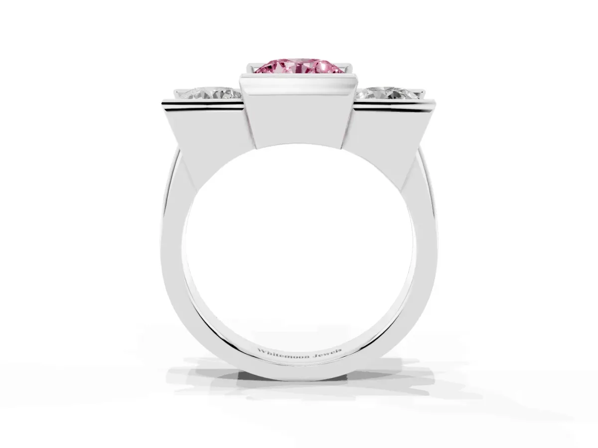 Fancy Pink Three Stone Round Cut Cut Channel Set Diamond Ring Platinum