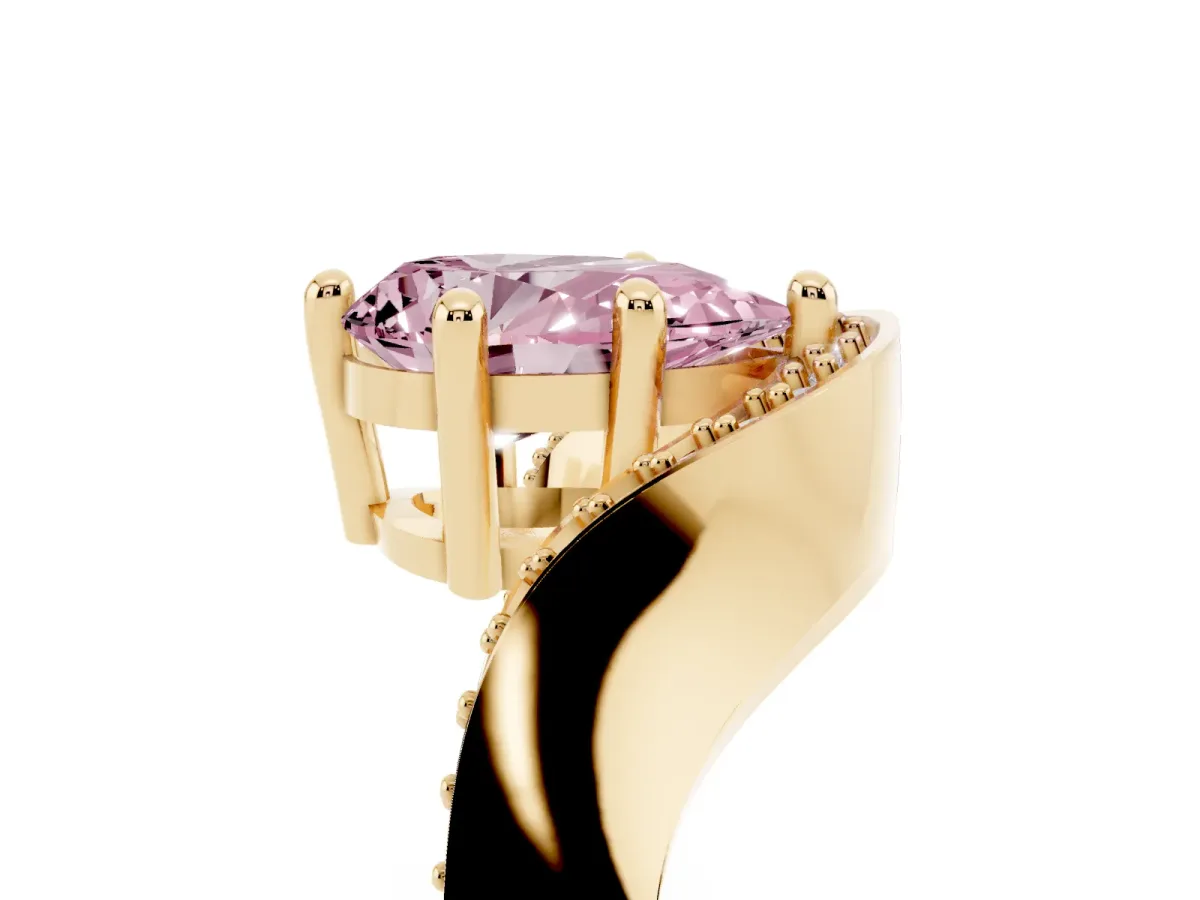 Fancy Pink Pear Cut Solitaire Diamond Engagement Ring with Pave Band and Four-Prong Setting Yellow gold