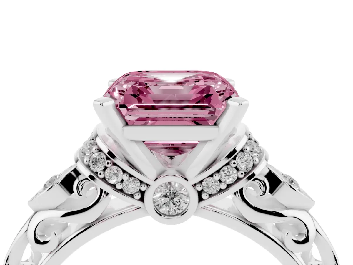 Fancy Pink Asscher Cut Diamond Solitaire Ring with Filigree Band and Four-Prong Setting Silver
