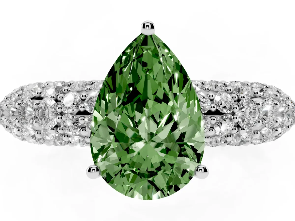 Fancy Green Pear Cut Diamond Pavé Band Solitaire Ring with Four-Prong Setting White gold