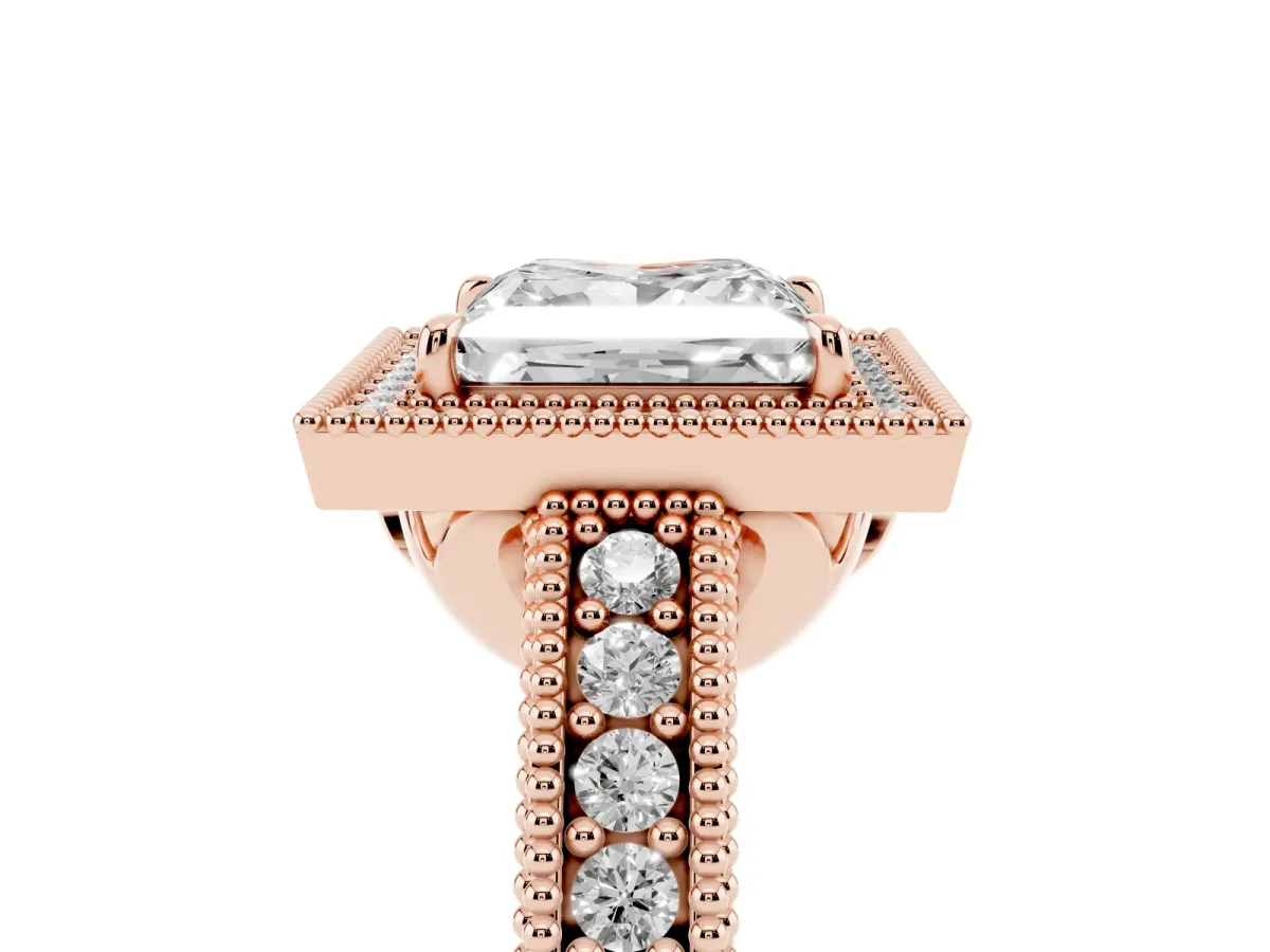 Princess Cut Cut Halo Diamond Ring with Pavé Band and Four-Prong Setting Rose gold