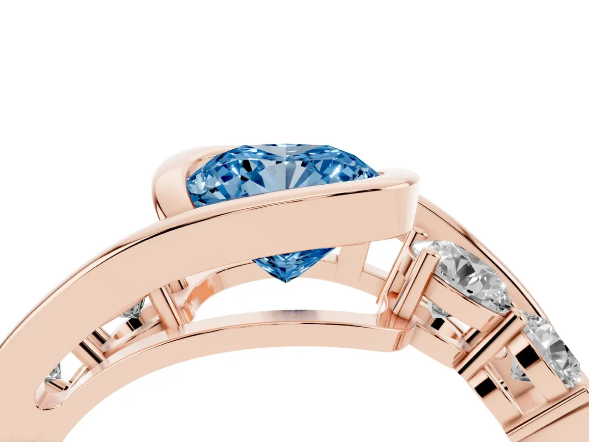 Fancy Blue Bezel Set Cushion Cut Diamond Bypass Ring with Round Accents Rose gold