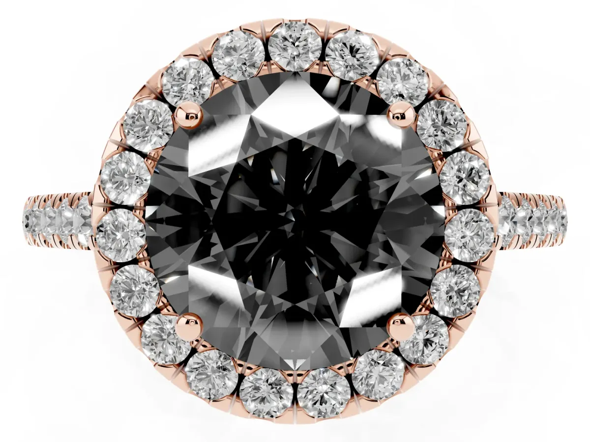 Fancy Black Round Cut Halo Pave Diamond Engagement Ring with Four-Prong Setting Rose gold