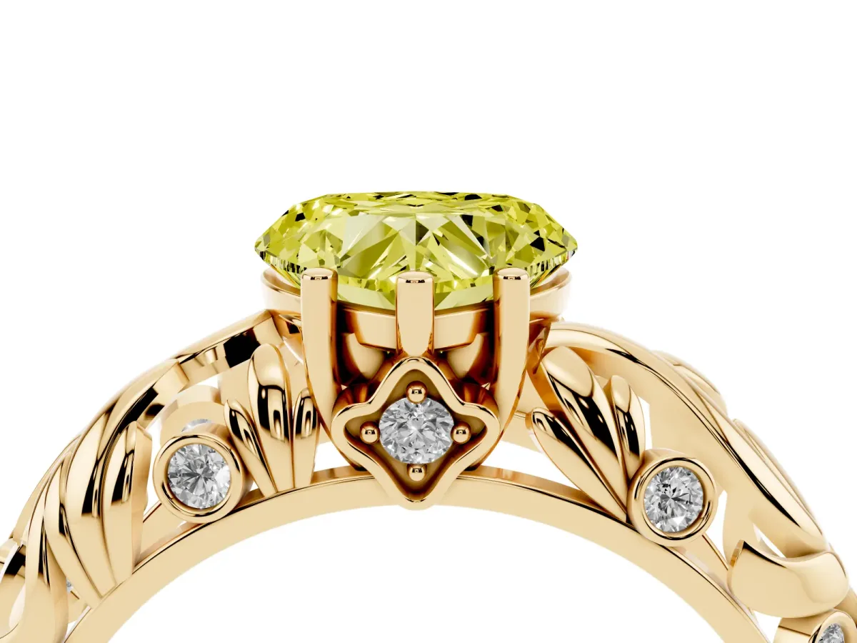Fancy Yellow Heart Cut Solitaire Diamond Leaf-Inspired Vine Band Ring with Prong Setting Yellow gold