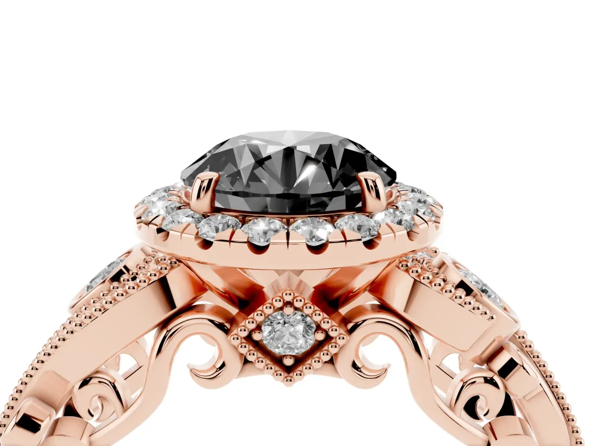 Fancy Black Round Cut Halo Diamond Ring with Milgrain and Bezel Accents on a Split Shank Band Rose gold