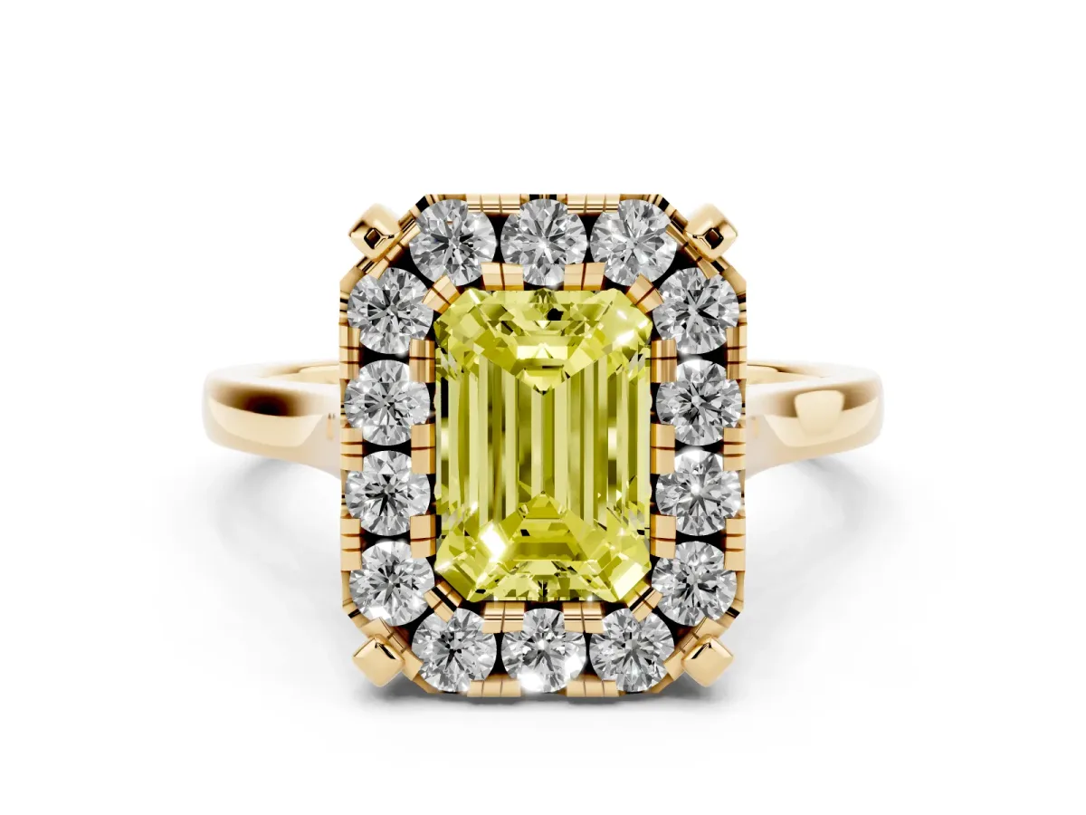 Fancy Yellow Emerald Cut Diamond Cluster Halo Solitaire with Four-Prong Setting Yellow gold