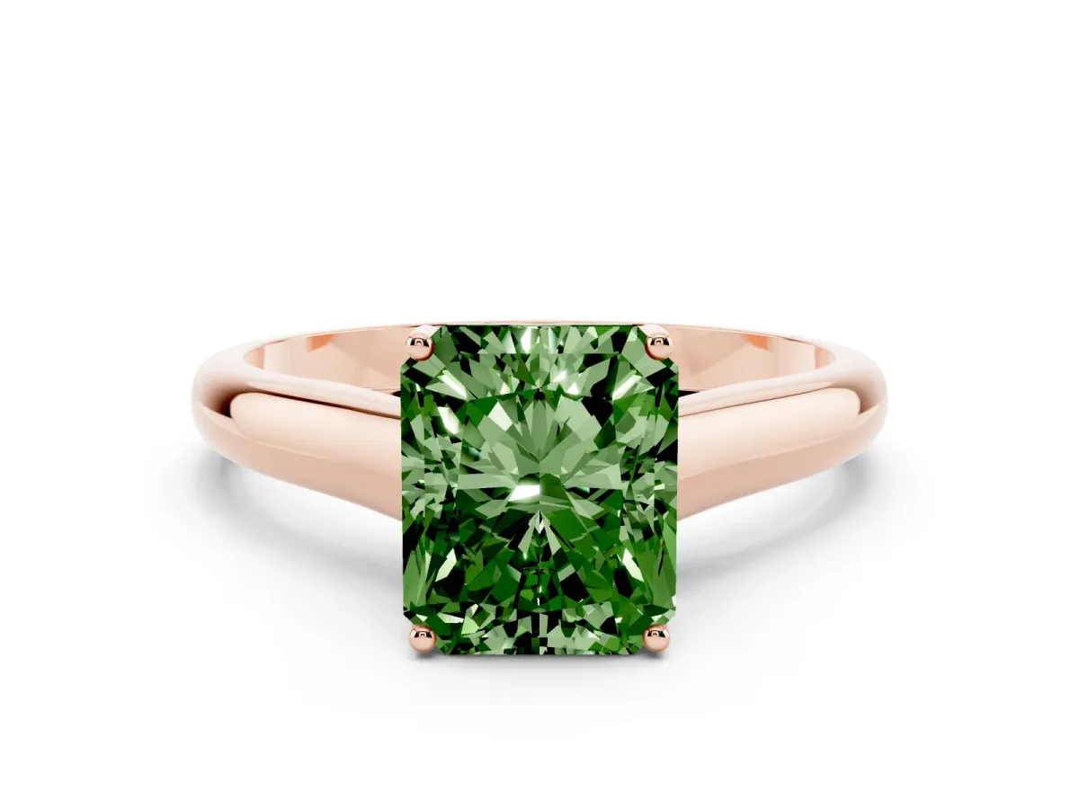 Fancy Green Radiant Cut Solitaire Engagement Ring with Tapered Band and Four-Prong Setting Rose gold