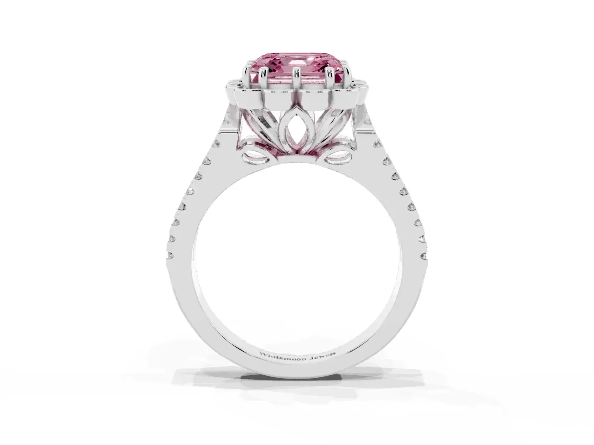 Fancy Pink Asscher Cut Halo Diamond Floral Split Shank Engagement Ring Silver