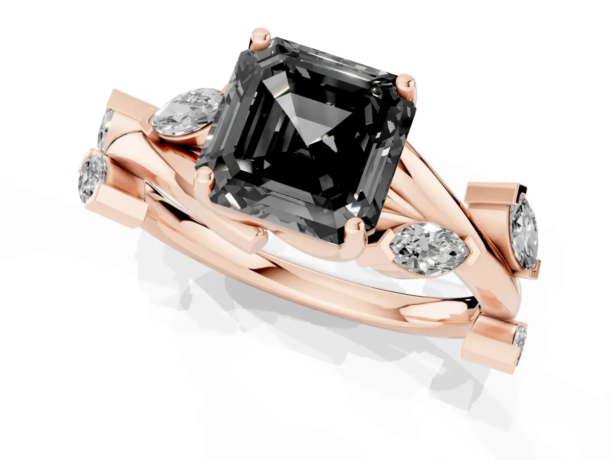 Fancy Black Asscher Cut Solitaire Twisted Band Marquise Accent Prong Setting Ring Rose gold