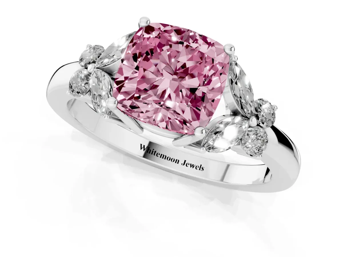 Fancy Pink Cushion Cut Cut Solitaire Floral Diamond Ring with Four-Prong Setting Silver