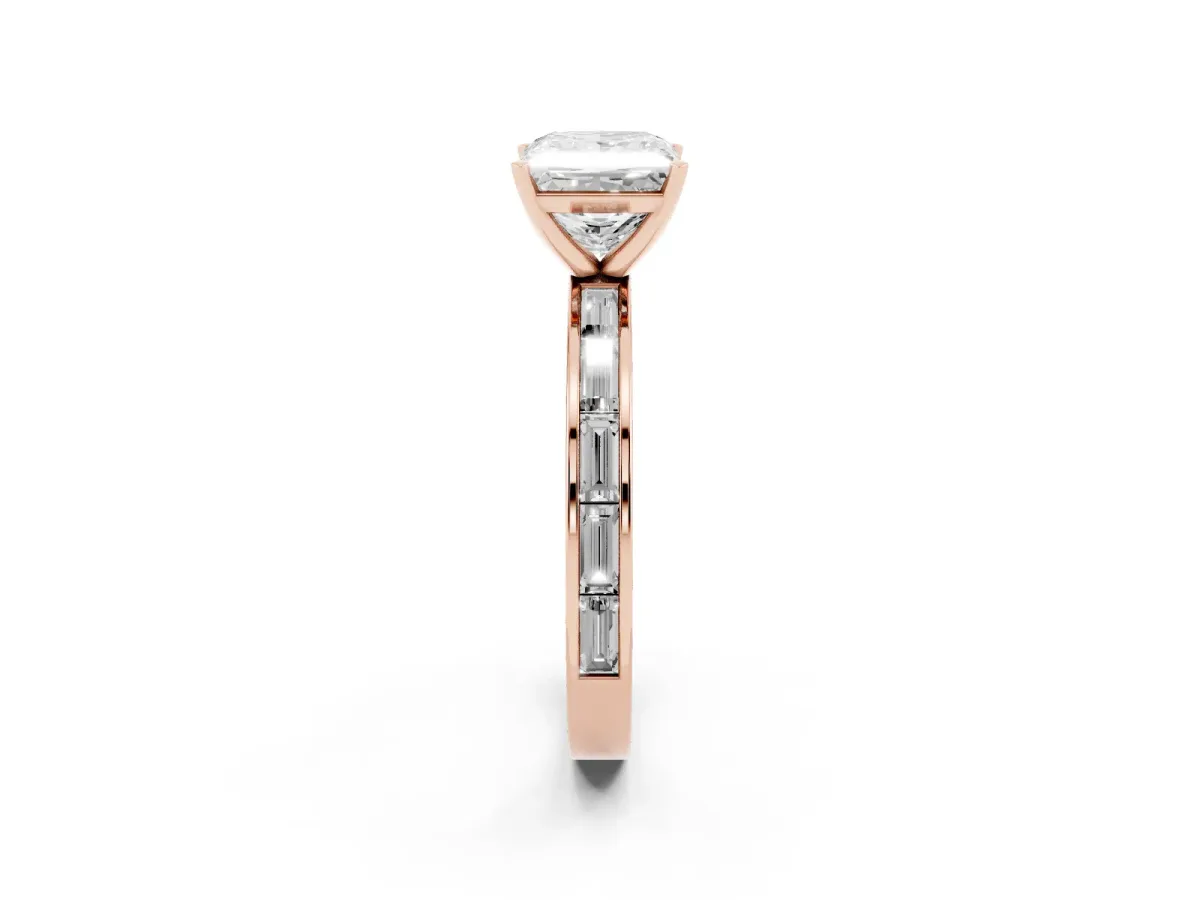 Princess Cut Solitaire Diamond Ring with Channel-Set Baguette Band and Four-Prong Setting Rose gold