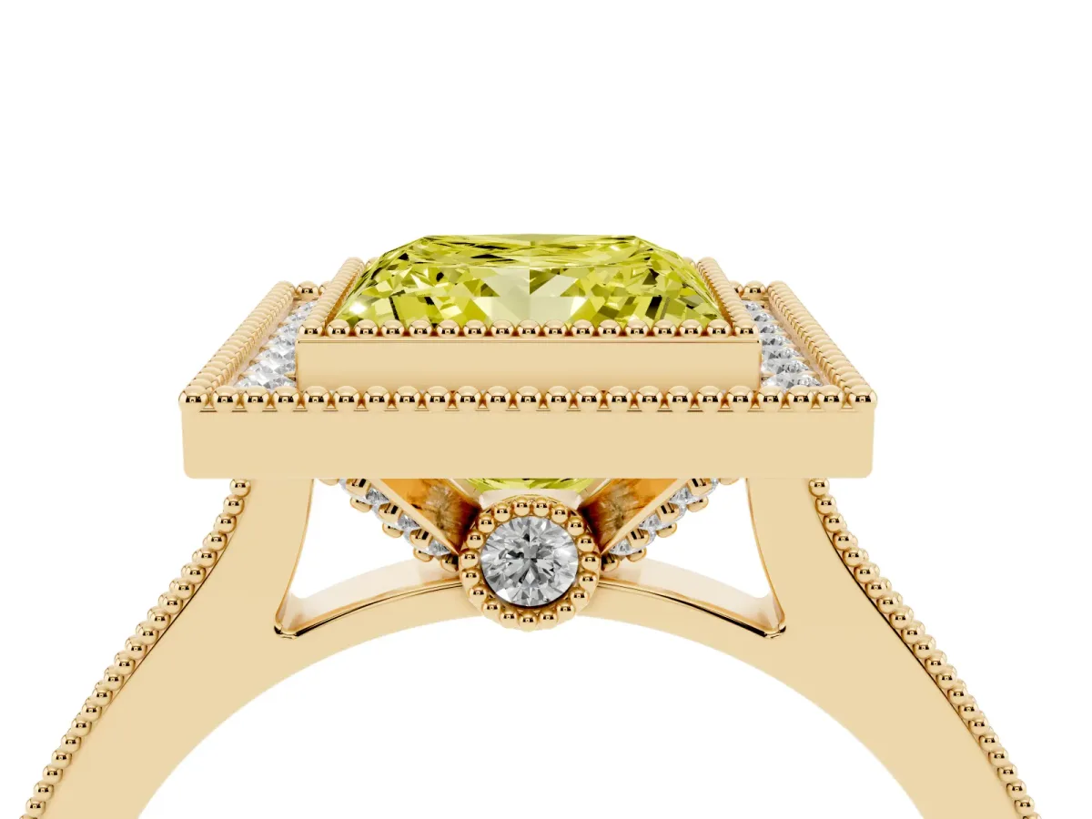 Fancy Yellow Halo Princess Cut-Cut Diamond Pave Band Milgrain Prong Setting Ring Yellow gold