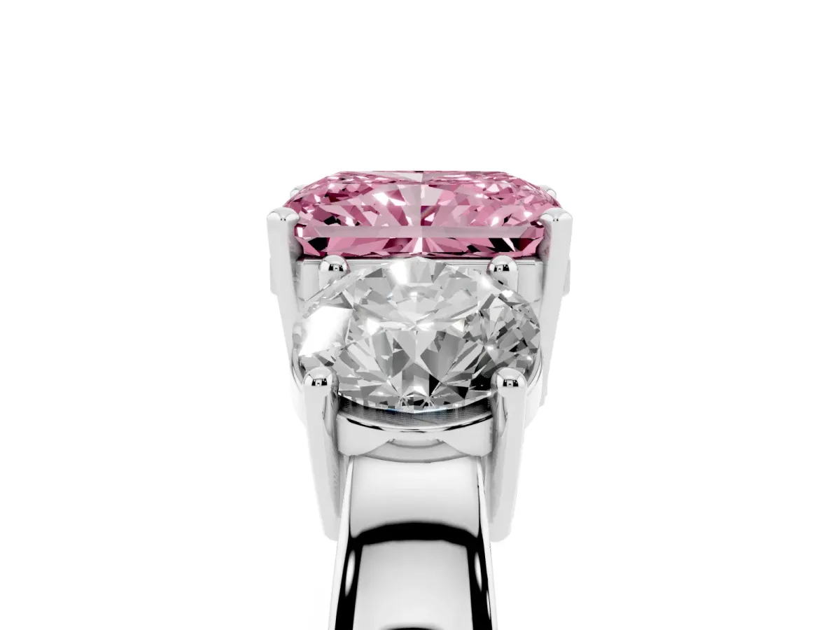 Fancy Pink Three-Stone Radiant Cut Diamond Ring with Round Side Stones, Classic Band, and Four-Prong Setting Silver