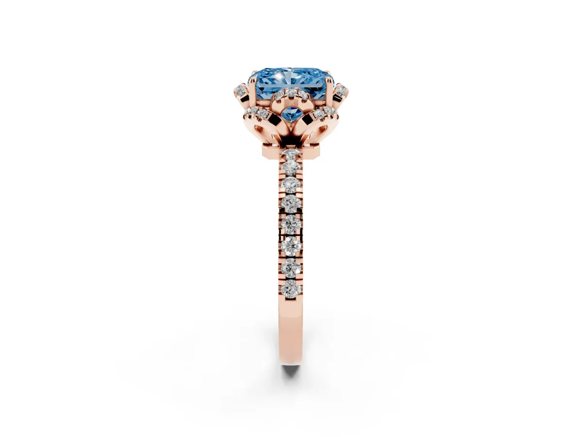 Fancy Blue Radiant Cut Diamond Halo Pave Band with Four-Prong Setting Rose gold