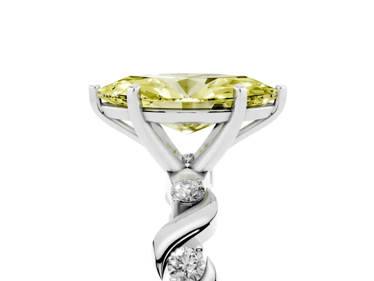 Fancy Yellow Marquise Cut Diamond Solitaire Twisted Band with Round Accents and Prong Setting White gold