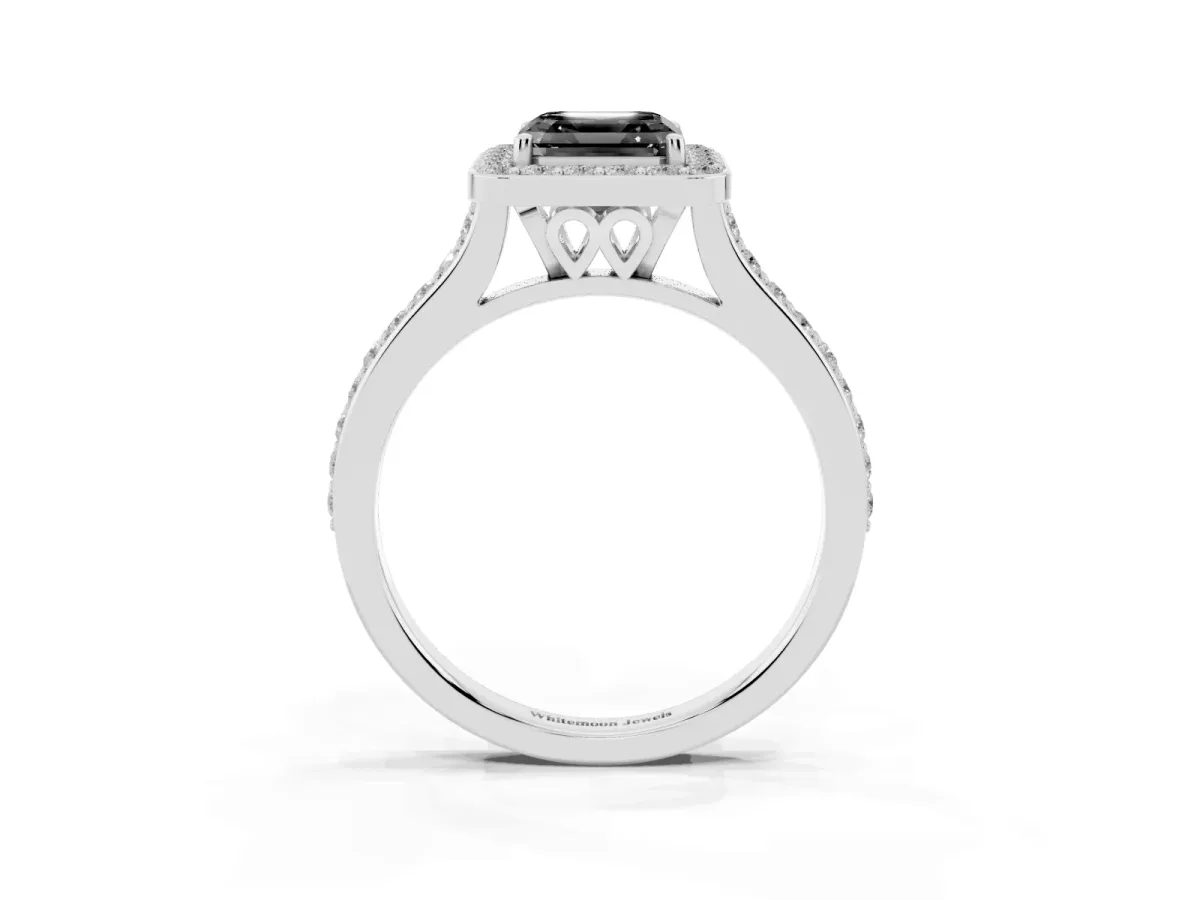 Fancy Black Asscher Cut Diamond Halo Engagement Ring with Round Pavé Shoulders and Prong Setting Platinum