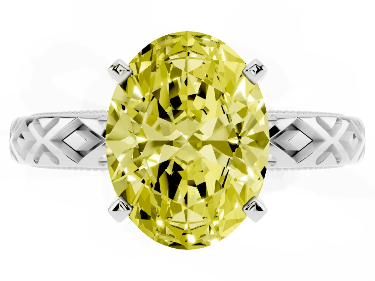 Fancy Yellow Oval Cut Solitaire Diamond Ring with Milgrain and Black Enamel X Pattern Band Silver