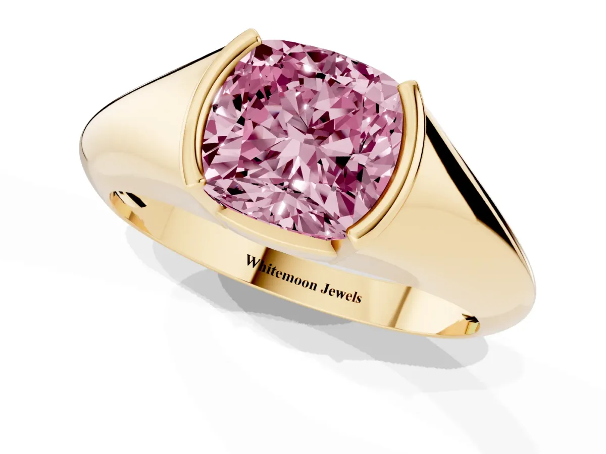 Fancy Pink Cushion Cut Solitaire Tension Set Diamond Ring Yellow gold