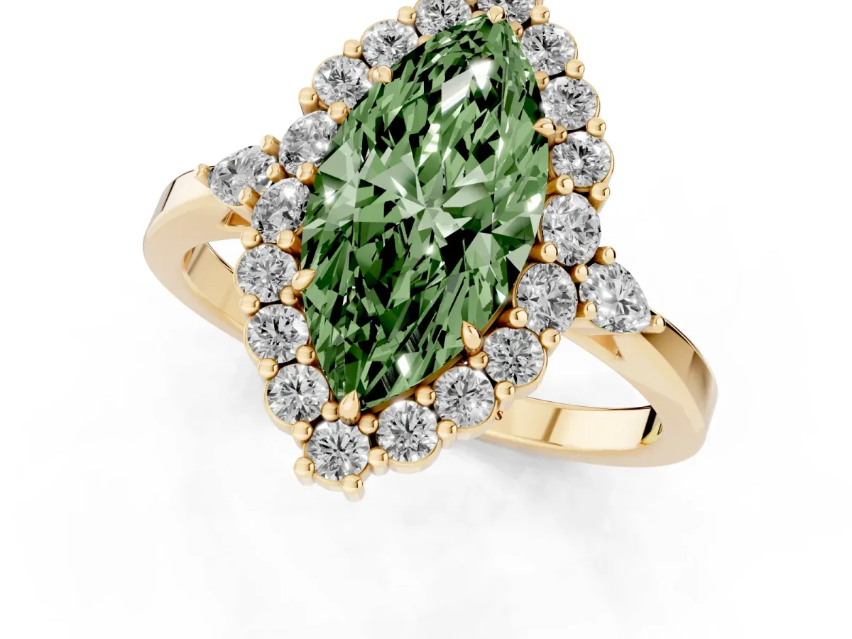 Fancy Green Marquise Cut Diamond Halo Ring with Pear Side Stones and Prong Setting Yellow gold
