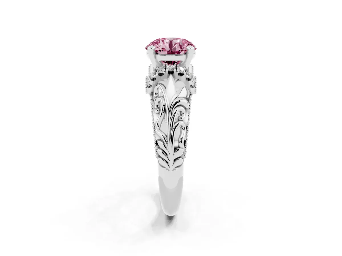 Fancy Pink Round Cut Solitaire Filigree Engagement Ring with Halo and Prong Setting Platinum