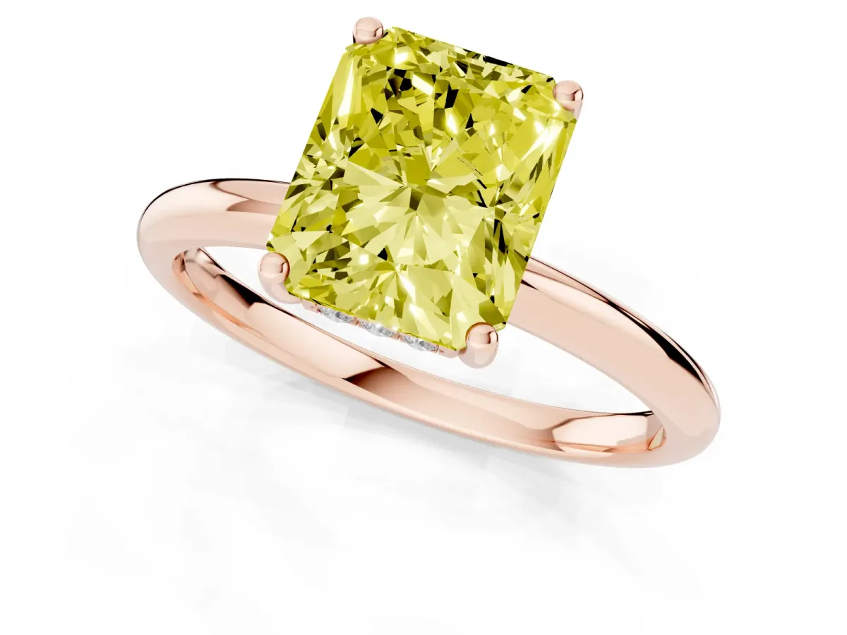 Fancy Yellow Radiant Cut Cut Solitaire Engagement Ring with Four-Prong Setting and Classic Band Rose gold