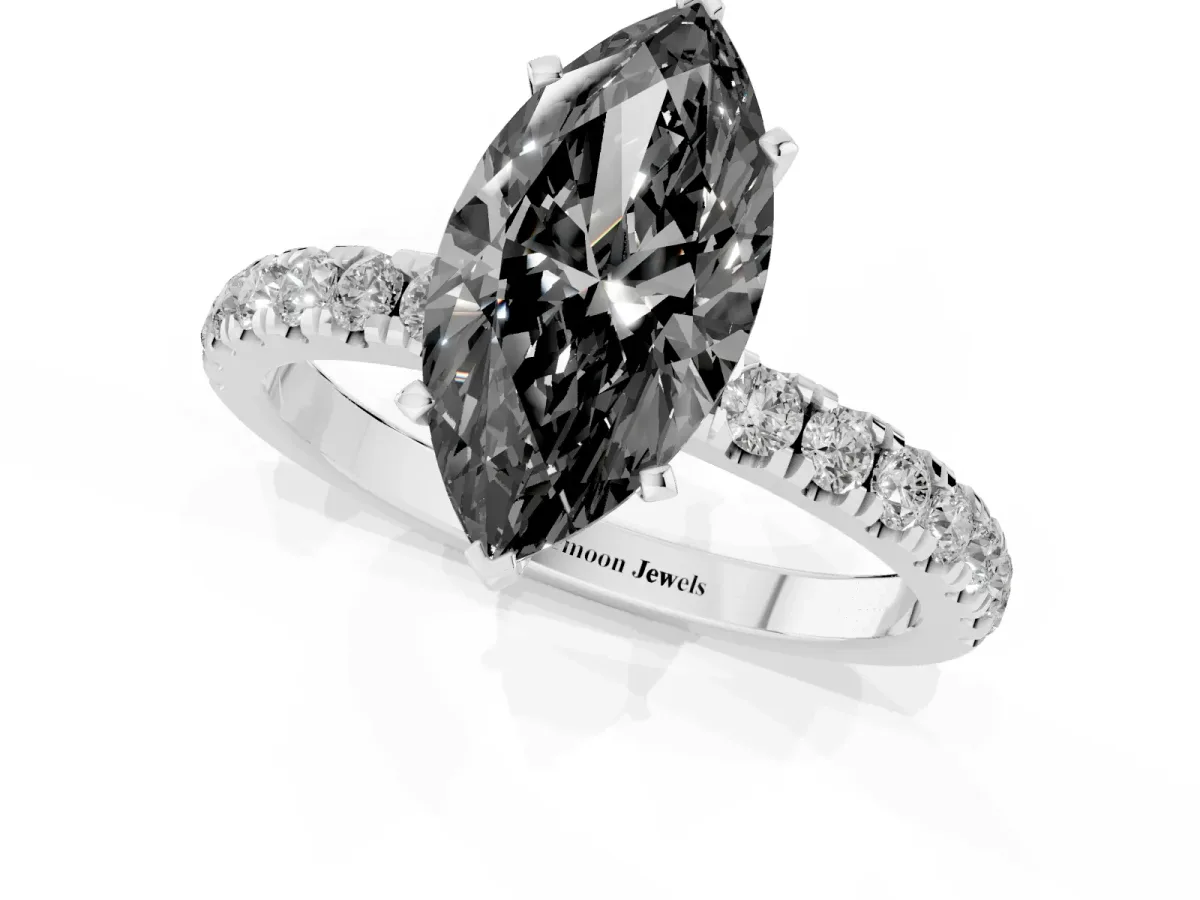 Fancy Black Marquise Cut Diamond Solitaire Ring with Pavé Accents and Four-Prong Setting Platinum