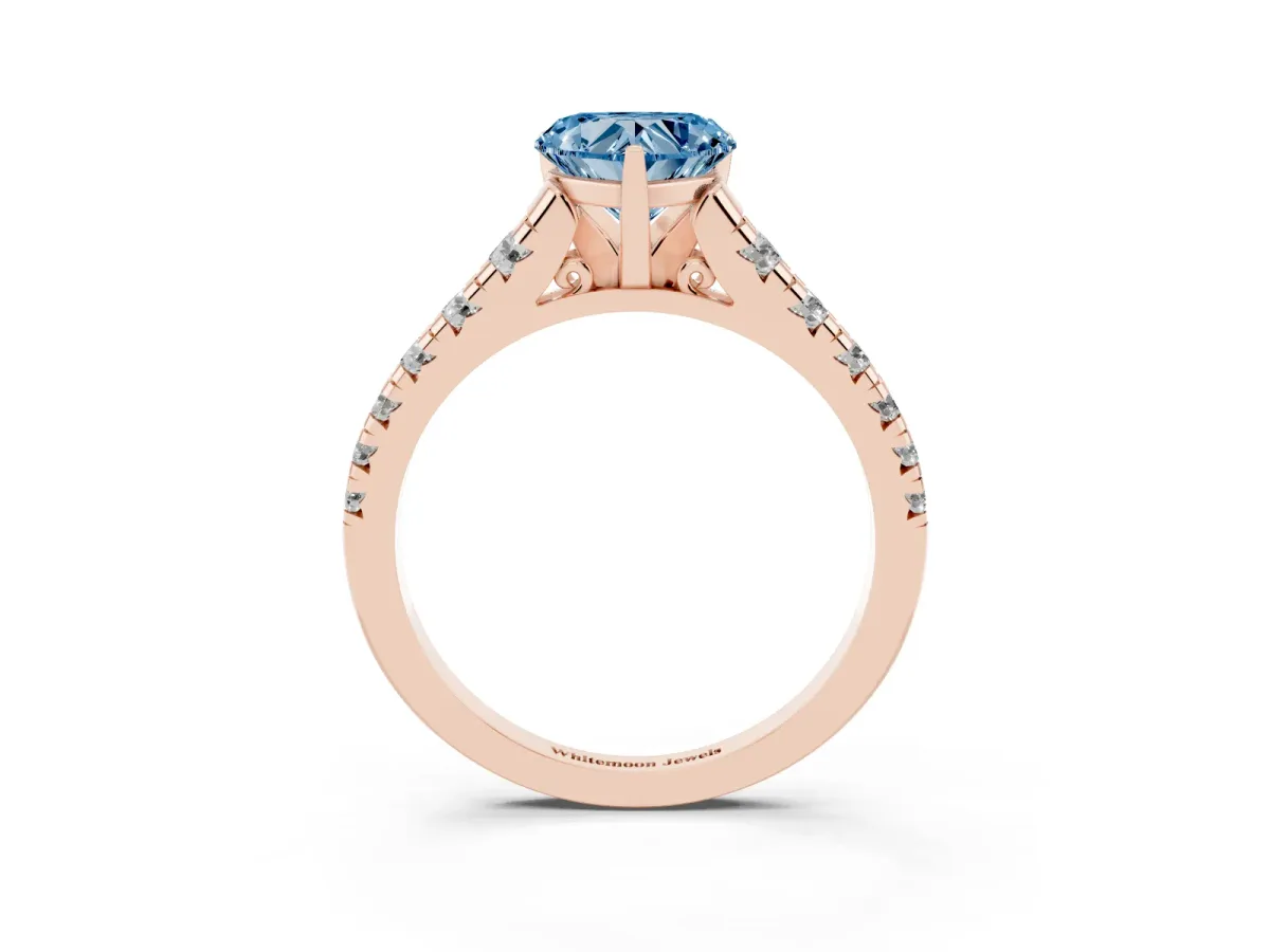 Fancy Blue Heart Cut Diamond Cathedral Solitaire Ring with Round Pavé Band Rose gold