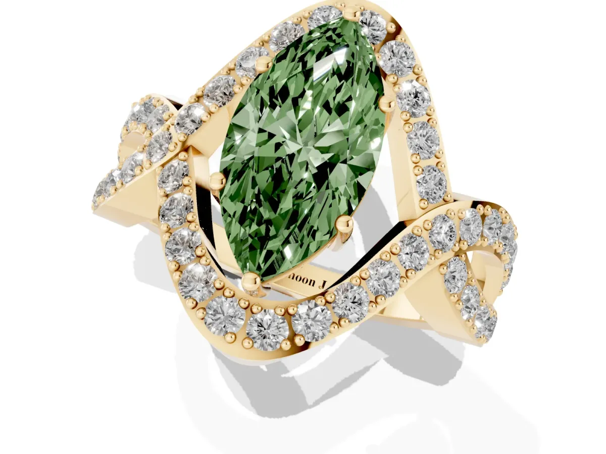 Fancy Green Marquise Cut Solitaire Twist Band Pavé Diamond Engagement Ring Yellow gold