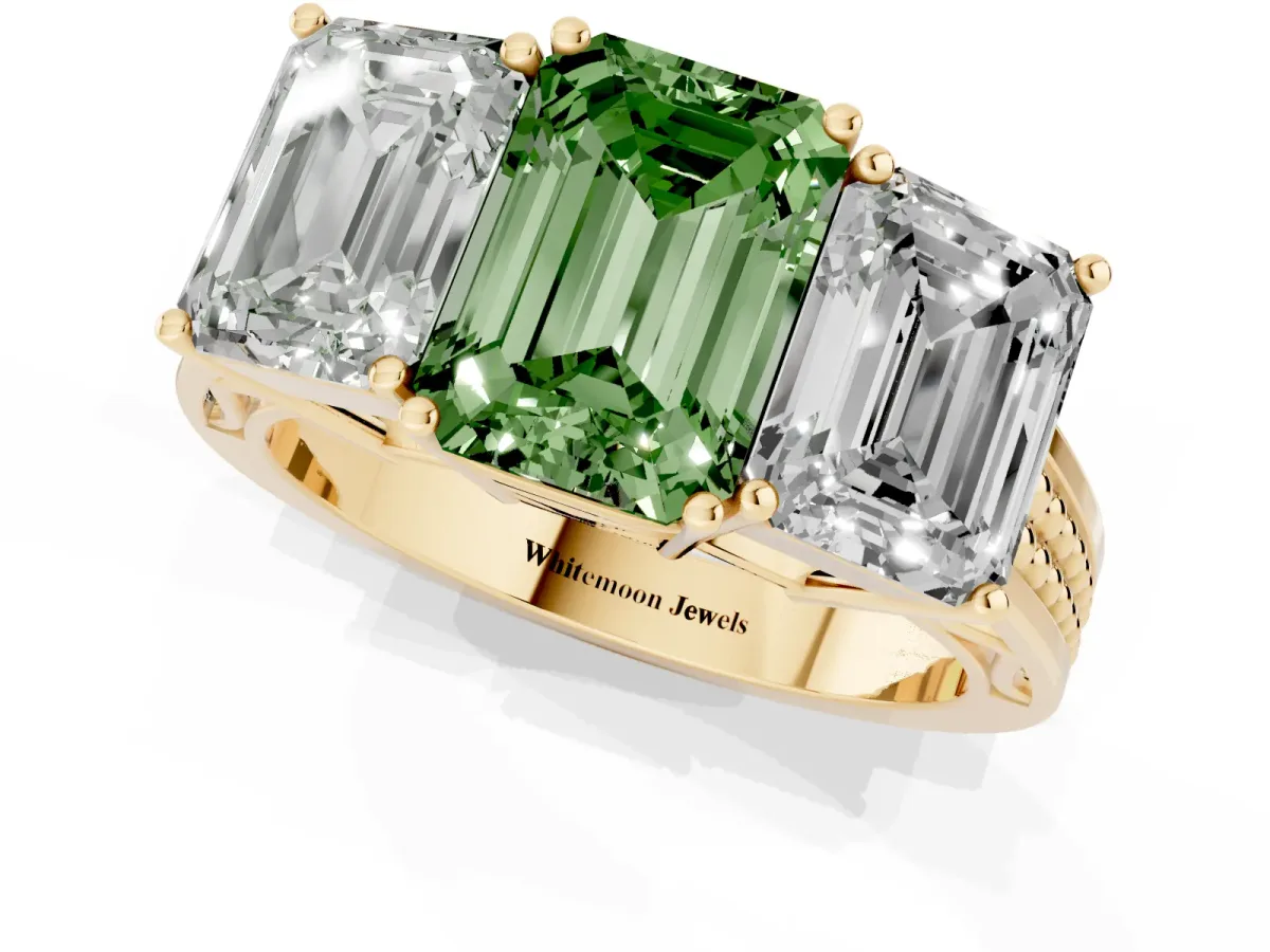 Fancy Green Emerald Cut Diamond Three-Stone Ring with Prong Setting and Textured Band Yellow gold