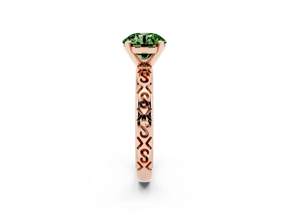 Fancy Green Round Cut Solitaire Engagement Ring with Scrollwork Band and Four-Prong Setting Rose gold